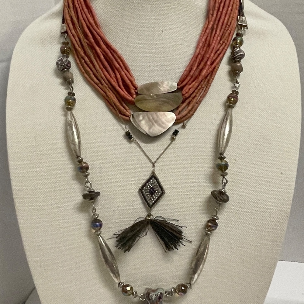 3 Vintage Boho Necklaces 1 Signed Marquet Bamboo Fringe Clay - Picture 2 of 11